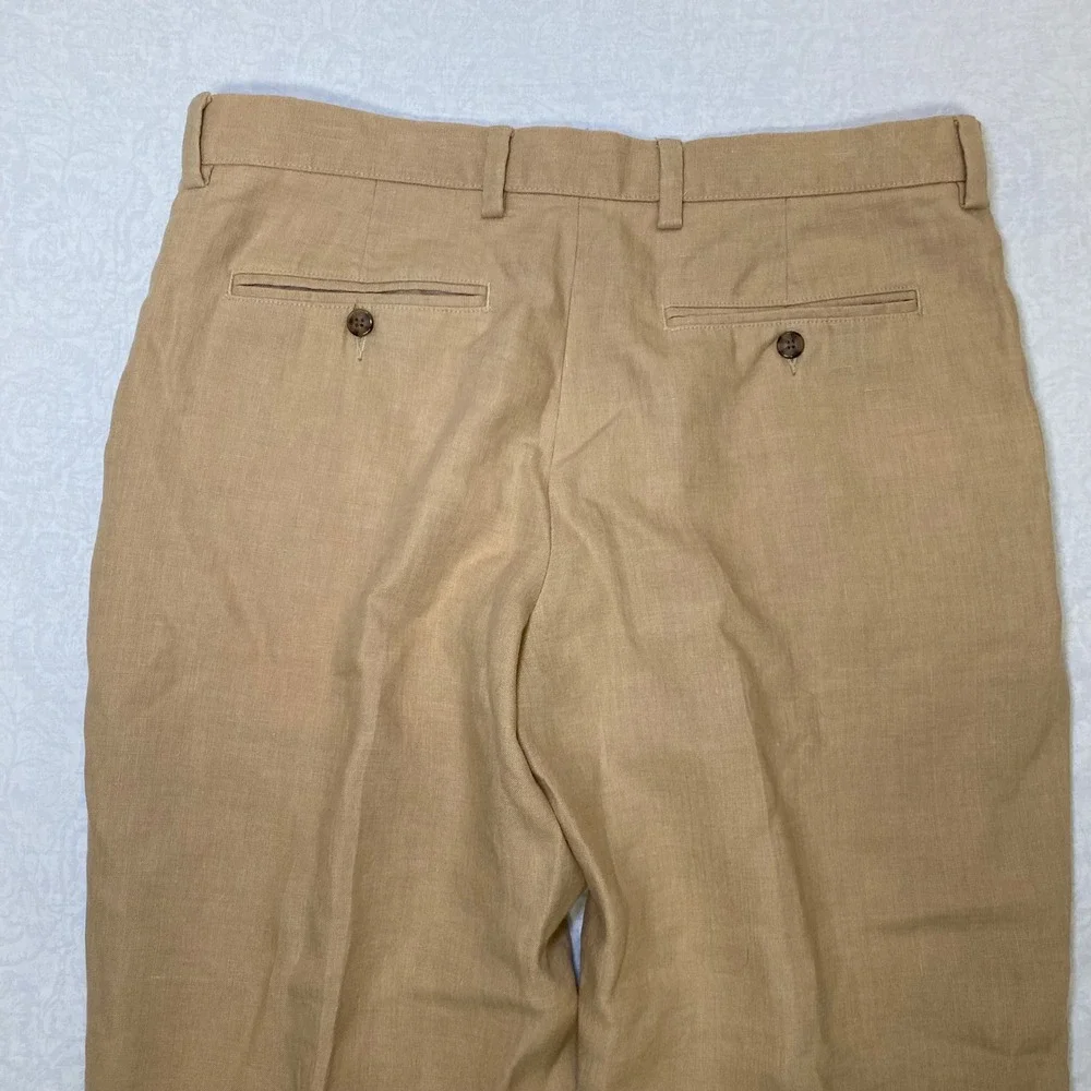 LL Bean Mens 35W Linen Pants Tan Khaki 100 Linen Flat Front Straight Leg